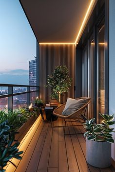 a balcony with potted plants and lights on the ceiling, along with a wooden floor