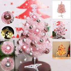 a pink christmas tree decorated with ornaments and lights on top of a table next to pictures