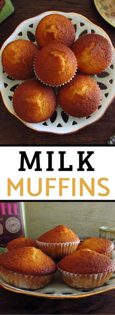 muffins on a plate with the words milk muffins in front of them