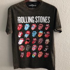 Acid Washed T Shirt Rolling Stones Size Says Large But Fits More Like A Size Small Cotton Tops With All Over Print Band Merch Style, Cotton Tops With All Over Print Band Merch, Multicolor Cotton Grunge Tops, Grunge Style Cotton T-shirt With All Over Print, Multicolor Letter Print Grunge Tops, Multicolor Grunge Cotton Tops, Vintage Black Printed T-shirt, Tee Shirt Rolling Stones, Rock Tshirt