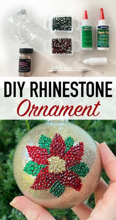 someone is holding an ornament in their hand with the words diy rhinoestone on it