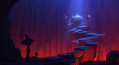 an animated scene with red and blue lights