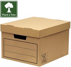 a cardboard box with a tree sticker on it