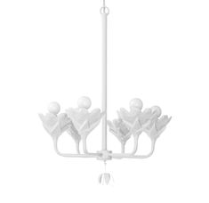 a white chandelier with five people hanging from it