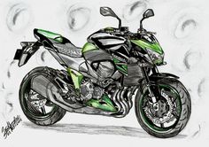 a drawing of a green and black motorcycle