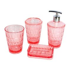 pink bathroom accessories set with soap dispenser and toothbrush holder