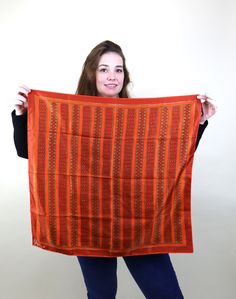 "A stunning scarf from Vera Neumann, in a lovely abstract brown and orange print.  The fabric is lightweight and slightly Slippery feeling, possibly silk. The large square shape makes it perfect for use around the neck, as a headscarf, or even an ascot or hair accessory. SCARF MEASUREMENTS (in Inches) Width: 27.5\" Length: 27.5\" **all Measurements are taken with the garment lying flat, then doubled. Be sure to leave room for movement and comfort** CONDITION: VINTAGE GOOD: Good condition, some visible wear but no serious flaws to make note of. LABEL: Vera Neumann MATERIALS: Feels like Silk ITEM DETAILS: ♥ Ideal For: Handkerchief, Hair, Around The Neck ♥ Season: All ♥ Print: Abstract Stripes ♥ Colors: Orange and Brown ♥ Texture: Woven ♥ Fabric: Feels like Silk ♥ Circa:  1970's *Please See F Handkerchief Hair, Brown Scarf, Vera Neumann, Brown Scarves, Brown And Orange, Brown Texture, Orange Print, Brown Satin, Square Shape