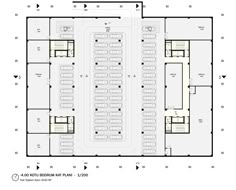 the floor plan for an office building with two rows of tables and chairs in it