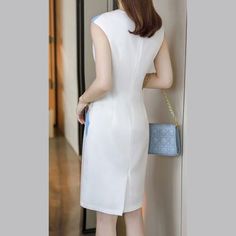 White Blue Elegant Midi Dress (Semi-Formal) White V-neck Midi Dress For Formal Occasions, Sheath Bodycon Dress For Office In Spring, Spring Sheath Bodycon Dress For Office Wear, Elegant Sheath Sleeveless Dress For Summer, Dressy White Midi Mini Dress, Summer Sleeveless Dress For Office, Elegant White Sleeveless Mini Dress, Elegant Knee-length Sleeveless Summer Dress, Elegant White Knee-length Dress