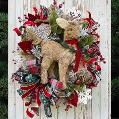 a christmas wreath hanging on the side of a door