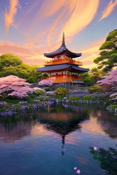 the pagoda is surrounded by pink flowers and trees in front of a body of water