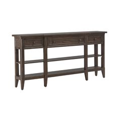 a wooden console table with two drawers on one side and an open shelf at the top