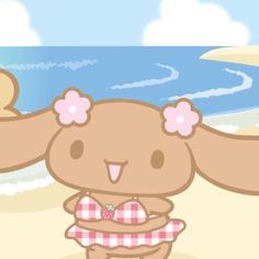 a cartoon bunny is standing on the beach with her arms folded out and smiling at the camera