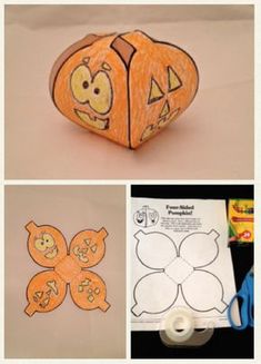 paper pumpkins with faces cut out on them