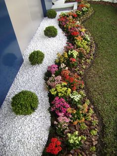 an outdoor garden with flowers and gravel