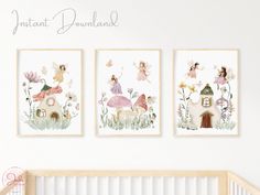 three fairy paintings on the wall above a crib