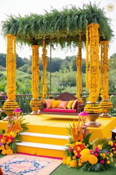 The image showcases a vibrant and elegant Indian wedding Haldi function decor, featuring a captivating blend of traditional and modern elements. Haldi Function Decoration, Elegant Indian Wedding, Country Chic Wedding Decorations, Haldi Decor, Haldi Function, Wedding Stage Decor, Whimsical Wedding Decorations, Traditional Wedding Decor, Decor 2024