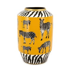 a yellow vase with zebras painted on it