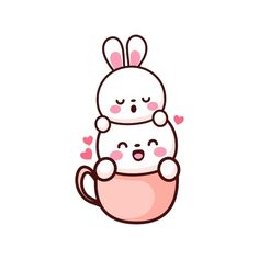 a cute bunny sitting in a cup with hearts on it's cheeks and eyes closed