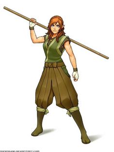 a woman in green and brown clothes holding two large wooden poles with one arm extended