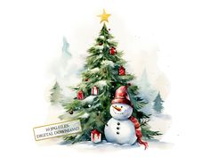 a watercolor painting of a snowman next to a christmas tree