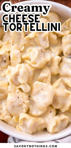 creamy cheese tortelli in a white bowl with text overlay that reads creamy cheese tortelli