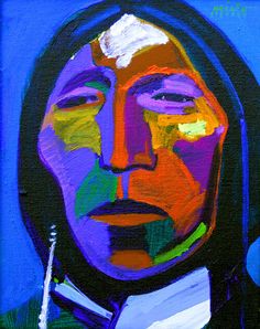 an oil painting of a native american man in purple and green colors on a blue background