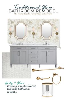 the bathroom remodel flyer is shown with two sinks and a gold faucet