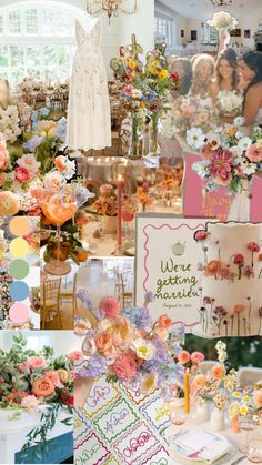 a collage of wedding photos with flowers and pictures on the wall in front of them