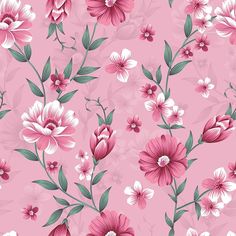 a pink floral wallpaper with white and pink flowers on the bottom right hand corner