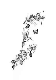 a black and white drawing of birds flying over leaves