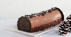 a piece of chocolate cheesecake on a plate with pine cones and white table cloth