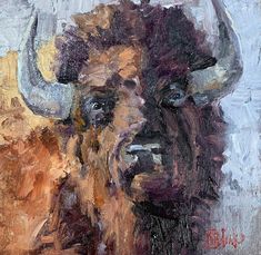 an oil painting of a bison with large horns