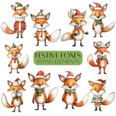 twelve cute foxes with hats and scarfs