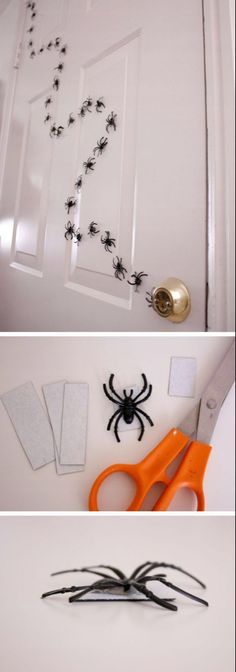 two pictures with scissors and spider decorations on them