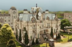 an image of a very large building with a clock on it's face and trees around it