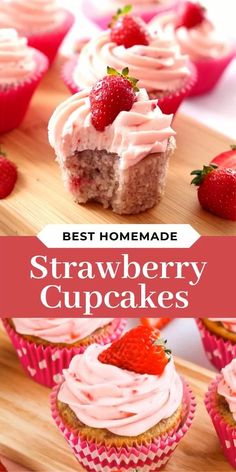 strawberry cupcakes with frosting and strawberries on top