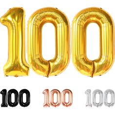 the number 100 balloon is shown in gold, silver and black