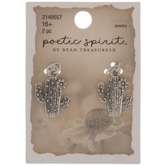 Bring the beauty of the desert to your jewelry creations with these Flowering Cactus Charms! These metal charms boast shiny finishes, textured details, and elevated dots all around them. Plus, each cactus has a single flower blossoming on one side! Attach them to your choice of hardware using their jump rings. You can create fetching earrings and charm bracelets with southwestern style! Details: 	 Length: 7/8" 	 Width: 9/16" 	 Metal Color: Antique Silver Card contains 2 charms. Silver Card, Flowering Cactus, Metal Charms, Home Supplies, Single Flower, Southwestern Style, Metal Charm, Blossom Flower, Jewelry Creation