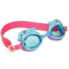 two children's swimming goggles with dolphins on the side and pink strap around them