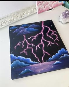 an acrylic painting of lightning in the night sky with clouds and stars on it