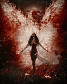 a woman standing in front of an angel with her arms spread out and fire behind her