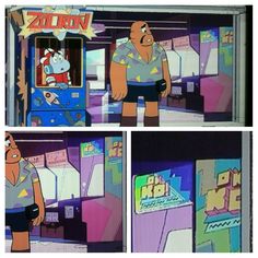 the simpsons character is standing in front of an arcade machine and talking to another cartoon character