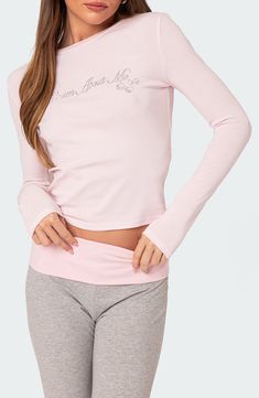 You'll feel extra dreamy in this stretchy cotton top designed with long sleeves and a rhinestone-embellished design at the front. Crewneck Long sleeves 95% cotton, 5% spandex Machine wash, dry flat Imported Cute Clothes Aesthetic, Cotton Tops Designs, Pink Shirts, Dream About Me, Visual Board, Pink Fits, Cute Clothes, Club Shirts, Social Club