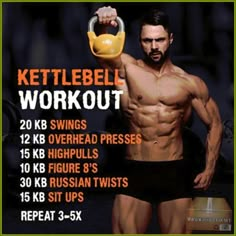 a man holding a kettle with the words kettlebell workout written on it in front of him