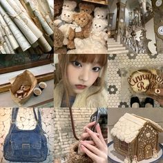 a collage of photos with teddy bears and other things in them, including a house