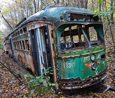 an old abandoned train in the woods with leaves on the ground and trees around it