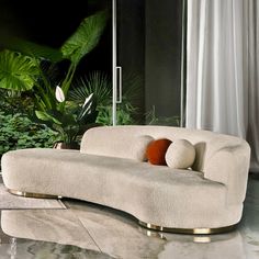 Miami Boucle Curve Sofa | Cosy Boucle Fabric & Gold Base Curve Curved Sofa Living Room, Curve Sofa, Curvy Sofa, Curved Couch, Bespoke Sofas, Rolled Arm Sofa, Beautiful Sofas, Curved Sofa