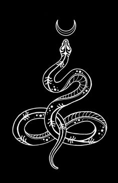 a white snake on a black background with the moon in the sky above its head