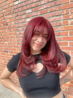 #redhair #layers #shorthair #blowout #redhaircolor #haircolorideas #layeredhair #2024glowup #wispybangs Burgundy Hair Blowout, Dark Red Hair With Layers, Dark Red Hair Layers, Red Hair Colour, Cherry Red Hair With Layers, Deep Red Layered Hair, Red Hair Bangs